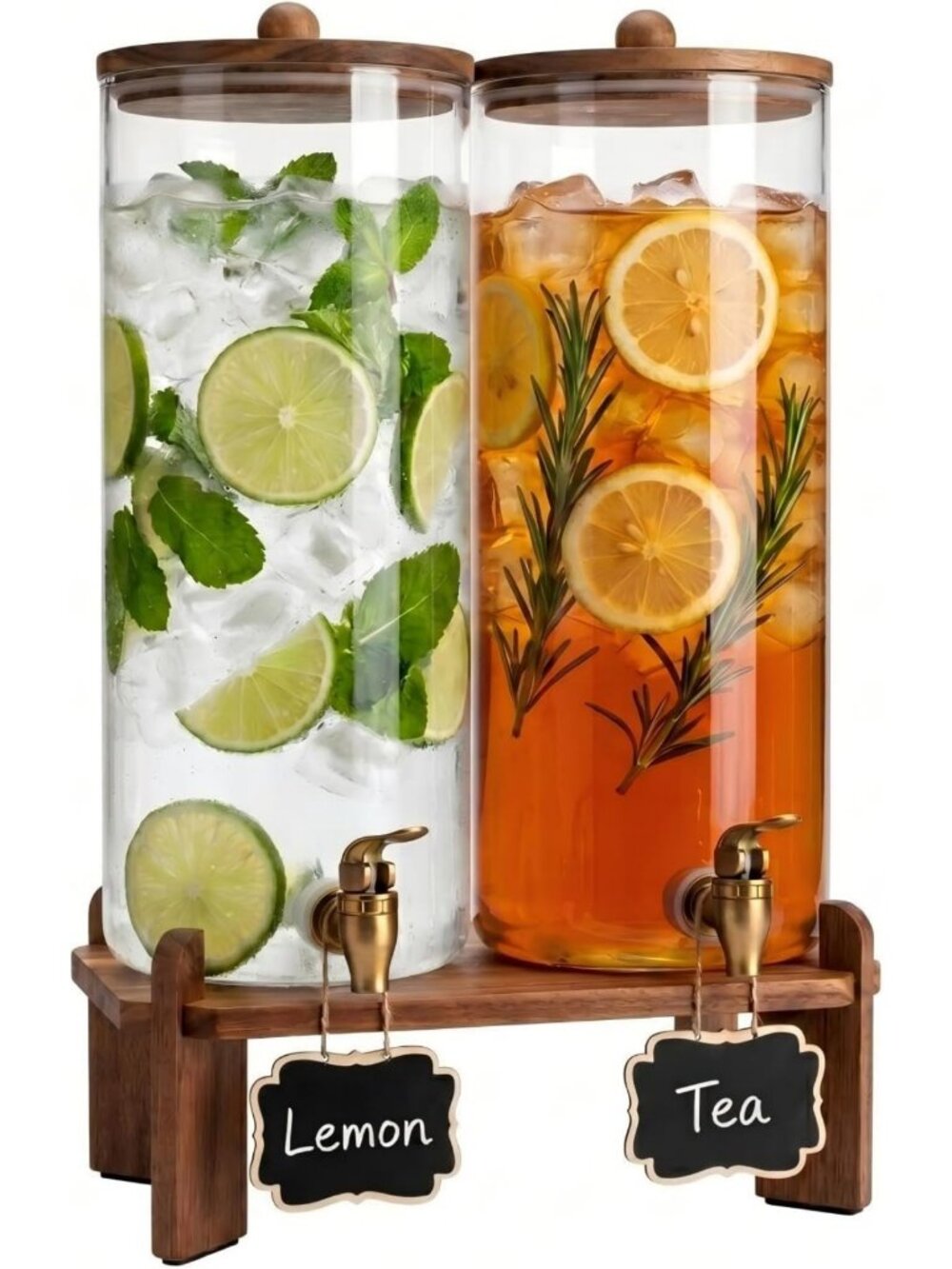 2 Pack 2 Gallon Glass Beverage Dispenser with Spigot, Wood Stand & Lid